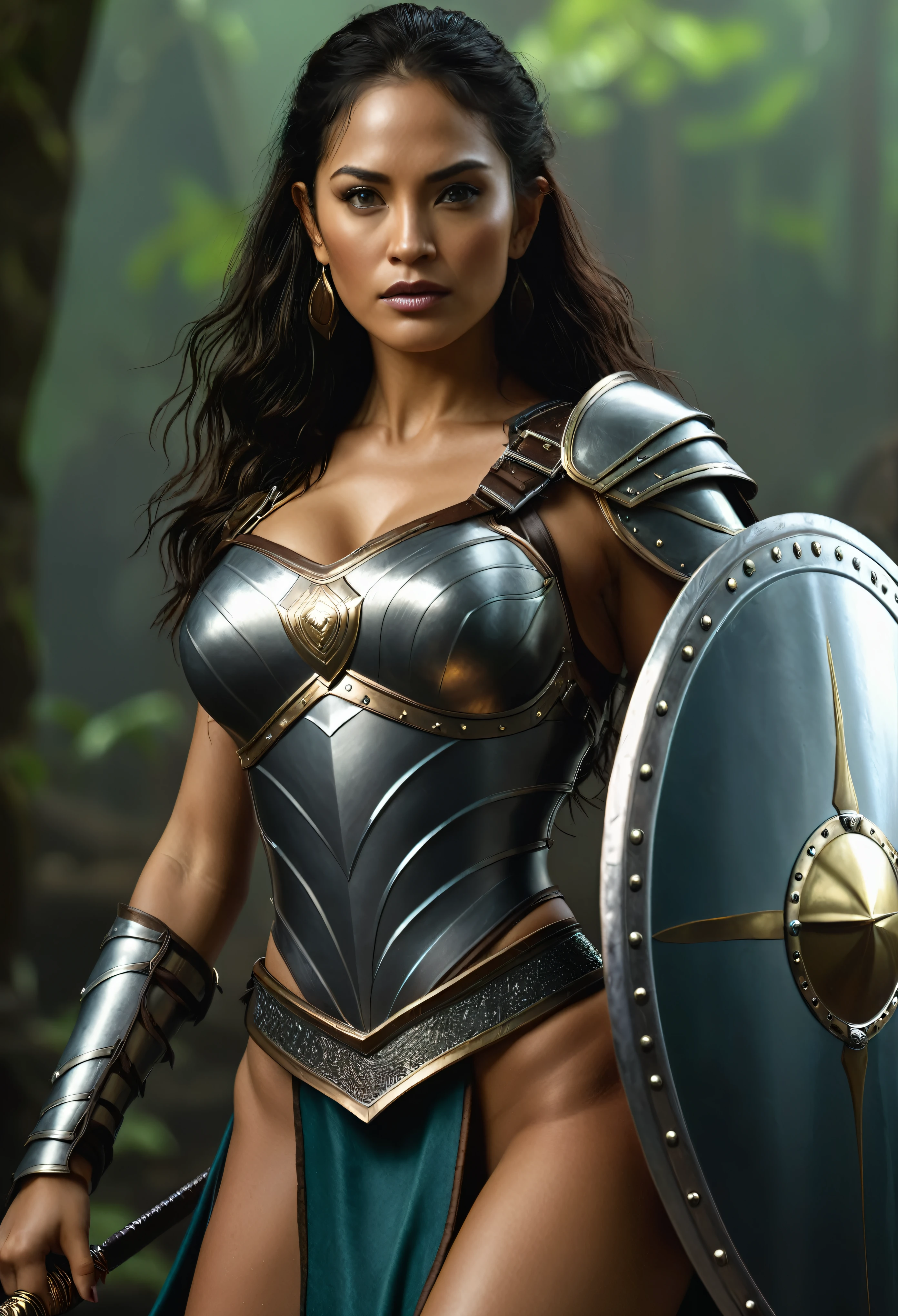 dark realistic, a sexy Amazon warrio holding a shield, she is wearing a seductive hip slit armour gown, (best quality,4k,highres,masterpiece:1.2),ultra-detailed,(realistic,photorealistic:1.37)