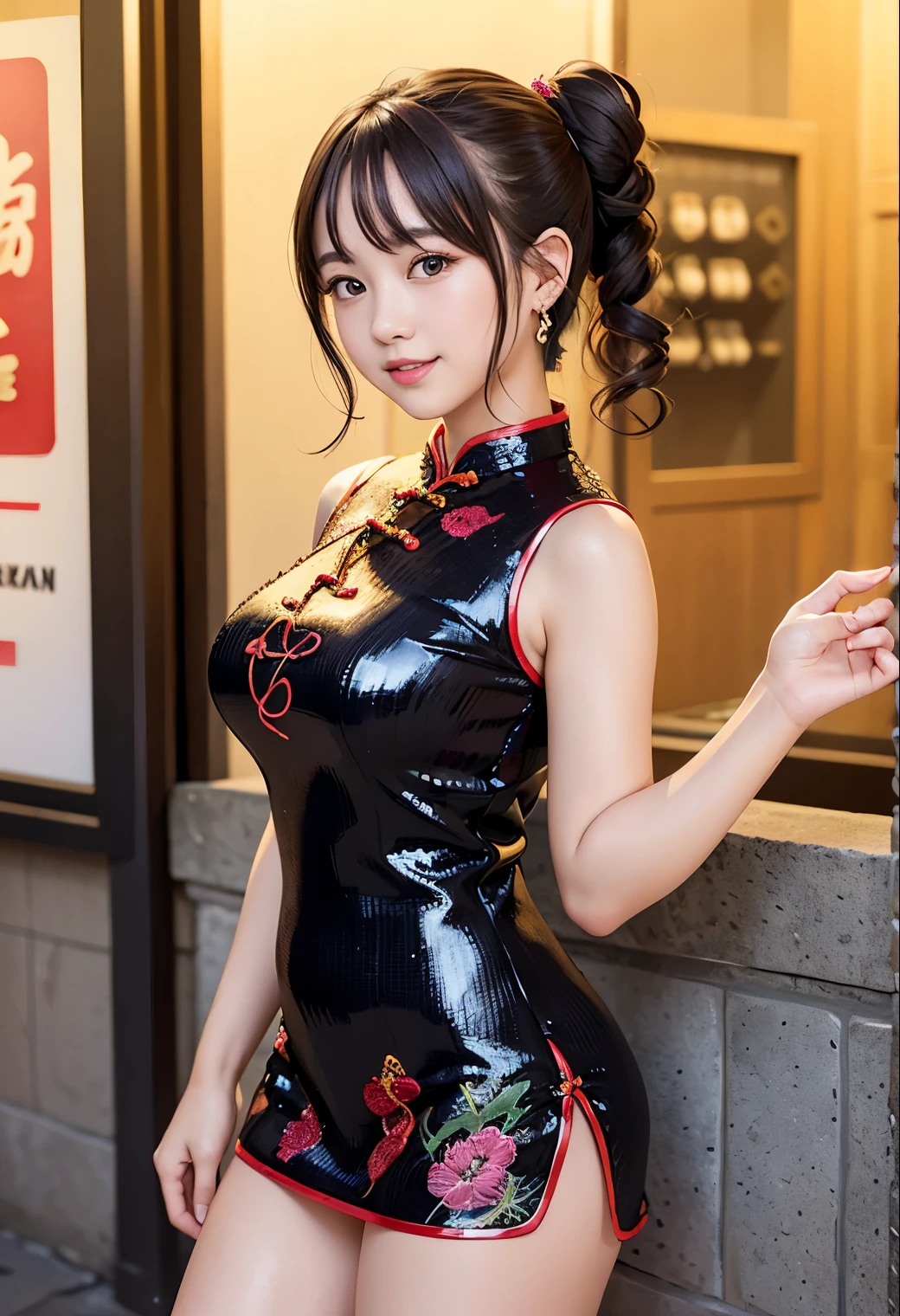 (highest quality,masterpiece:1.3,ultra high resolution),(Super detailed、caustics) (Photoreal:1.4, RAW shooting、)ultra-realistic capture、very detailed、natural skin texture、masterpiece、(Embroidered sequined cheongsam:1.3)、Wine red Chinese dress、1 Japanese girl、adorable expression、expression of happiness、14 years old、young face、Amazingly cute、twin tails、curly hair、black hair、Scrunchie、earrings、necklace、light makeup、Big breasts that are about to burst、Bare arms、This photo was taken in front of a sex shop in the downtown area at night.、Shining thighs、Shooting from the side、Smile、inviting gaze、