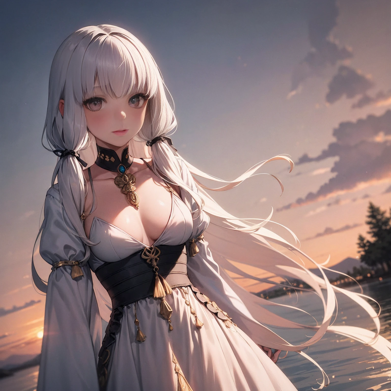 Lysithea von Ordelia is depicted in this artwork as a serene and captivating figure. She is portrayed as a young girl with long, straight hair and mesmerizing eyes. Her hair is styled in low twintails, giving her a unique appearance. The artwork is presented in a monochrome greyscale, with the exception of a few elements.
Lysithea is shown in an upper body shot, wearing a flowing dress that adds to her poised posture. Her porcelain skin is accentuated by a subtle blush, giving her a delicate and ethereal look. She is adorned with a crystal pendant, which adds a touch of elegance to her overall appearance.
The artwork takes place during the golden hour, as indicated by the warm tones, sun flare, and soft shadows. This lighting technique enhances the vibrant colors, creating a painterly effect that adds to the dreamy atmosphere of the piece. The scene is set against a scenic lake, with distant mountains and a willow tree. The calm water reflects the sunlit clouds, contributing to the peaceful ambiance and idyllic sunset.
The level of detail in this official art is remarkable, with every element meticulously rendered. The artwork is presented in unity 8k wallpaper resolution, allowing viewers to appreciate the intricate details. Additionally, the zentangle and mandala elements add a touch of complexity to the overall composition.