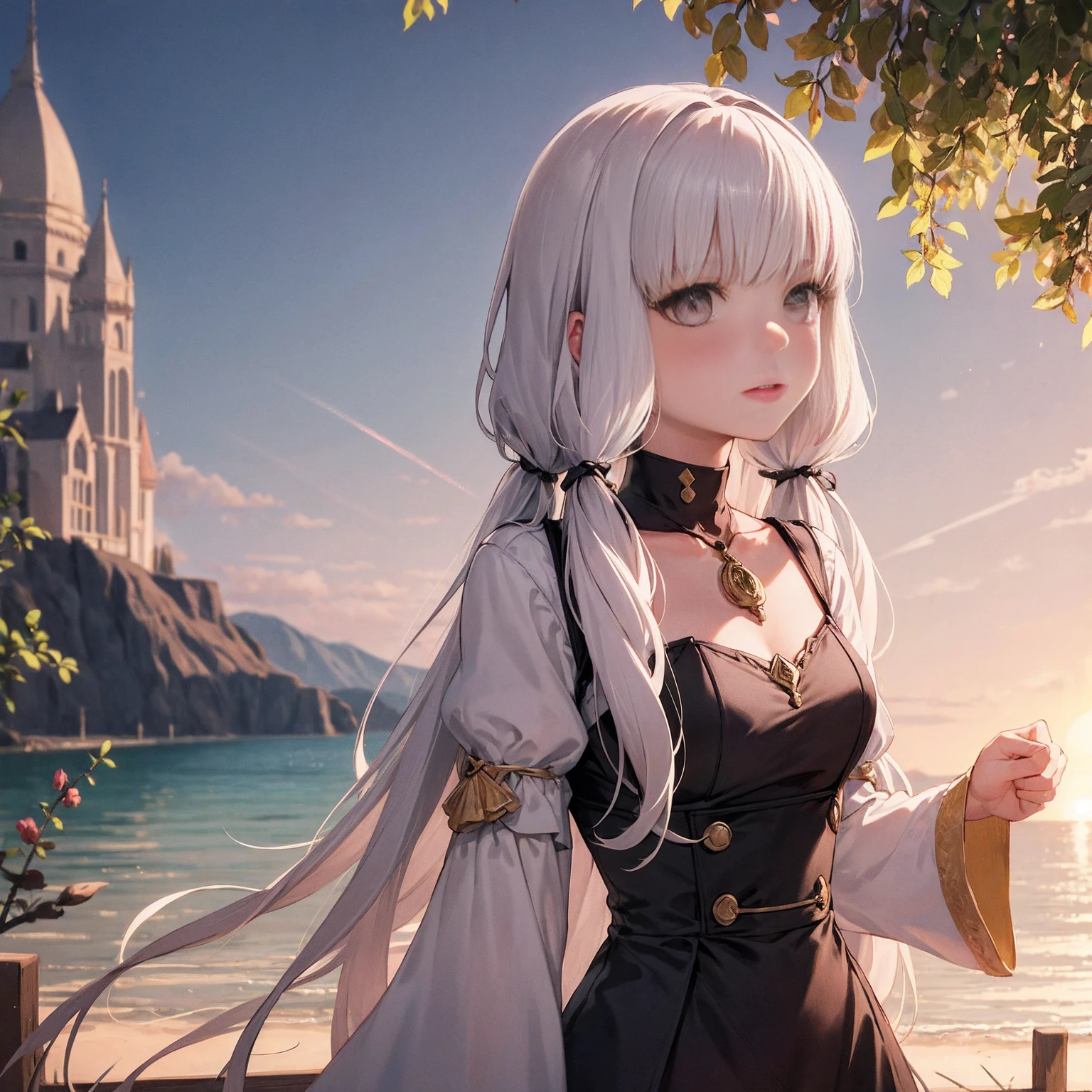 Lysithea von Ordelia is depicted in this artwork as a serene and captivating figure. She is portrayed as a young girl with long, straight hair and mesmerizing eyes. Her hair is styled in low twintails, giving her a unique appearance. The artwork is presented in a monochrome greyscale, with the exception of a few elements.

Lysithea is shown in an upper body shot, wearing a flowing dress that adds to her poised posture. Her porcelain skin is accentuated by a subtle blush, giving her a delicate and ethereal look. She is adorned with a crystal pendant, which adds a touch of elegance to her overall appearance.

The artwork takes place during the golden hour, as indicated by the warm tones, sun flare, and soft shadows. This lighting technique enhances the vibrant colors, creating a painterly effect that adds to the dreamy atmosphere of the piece. The scene is set against a scenic lake, with distant mountains and a willow tree. The calm water reflects the sunlit clouds, contributing to the peaceful ambiance and idyllic sunset.

The level of detail in this official art is remarkable, with every element meticulously rendered. The artwork is presented in unity 8k wallpaper resolution, allowing viewers to appreciate the intricate details. Additionally, the zentangle and mandala elements add a touch of complexity to the overall composition.