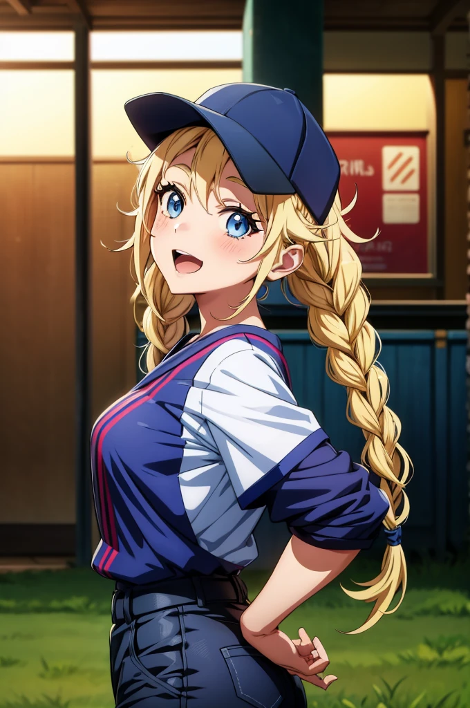 this is a anime video game image of an anime girl with a cap and a baseball, 1girl, blue eyes, solo, blonde hair, hat, breasts, twin braids, braid, open mouth, long hair, baseball cap, smile, blush, looking at viewer, arms behind back, shirt