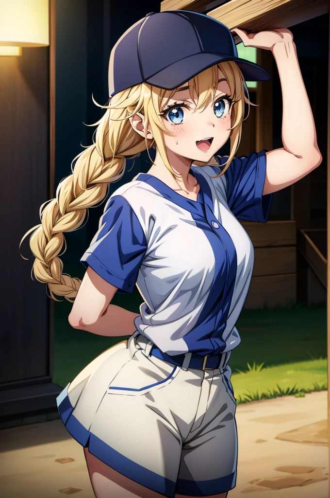 this is a anime video game image of an anime girl with a cap and a baseball, 1girl, blue eyes, solo, blonde hair, hat, breasts, twin braids, braid, open mouth, long hair, baseball cap, smile, blush, looking at viewer, arms behind back, shirt