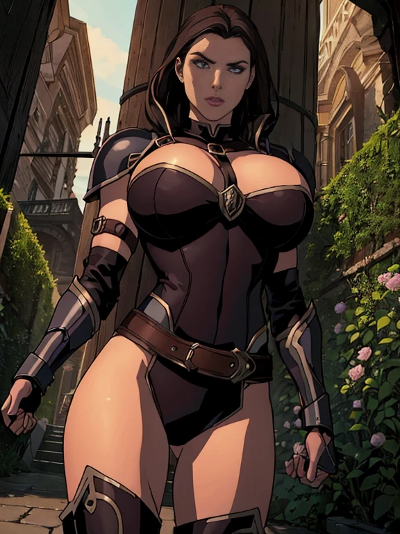 (masterpiece, top quality, best quality, official art, beautiful and aesthetic:1.2), (1girl:1.3), sexy, pornstar face, dark brown hair in a tight bun, extremely detailed, portrait, looking at viewer, solo, (full body:0.6), gray background, close up, charlatan, mysterious, standing in a garden, crest, pauldrons, greaves, bracers, gloves, metal, leather, bracers, armor, gauntlets, boots, buckles, straps, (big breasts), slim waist, long legs, minimal background, dark mysterious lighting, shadows, magical atmosphere, dutch angle, impractical armor, nearly naked, (NSFW:1)