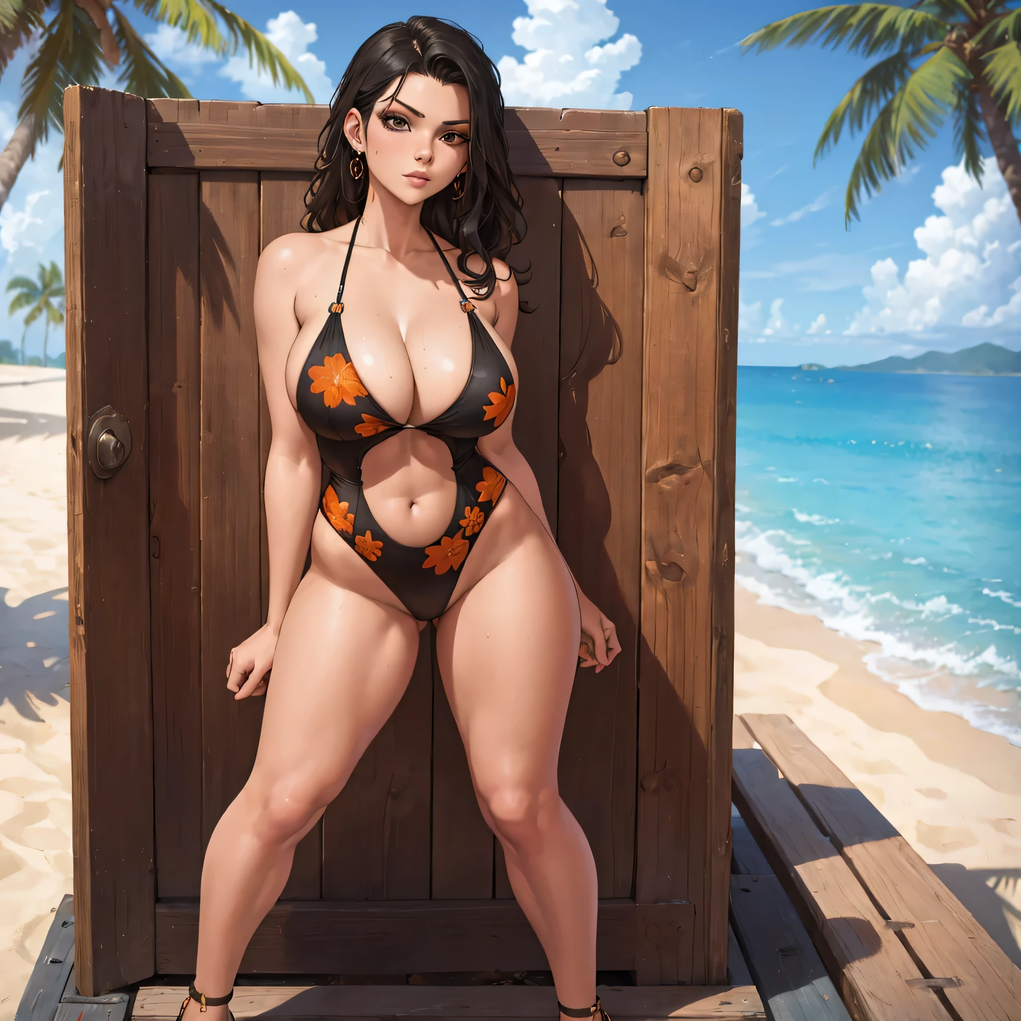masterpiece, best quality, a beautiful sexy woman wearing a sexy black and orange floral print one-piece swimsuit leaning against the palm tree, 1girl, full body, solo, swimsuit, sandals, breasts, jewelry, earrings, one-piece swimsuit, thong, open stomach, cleavage,