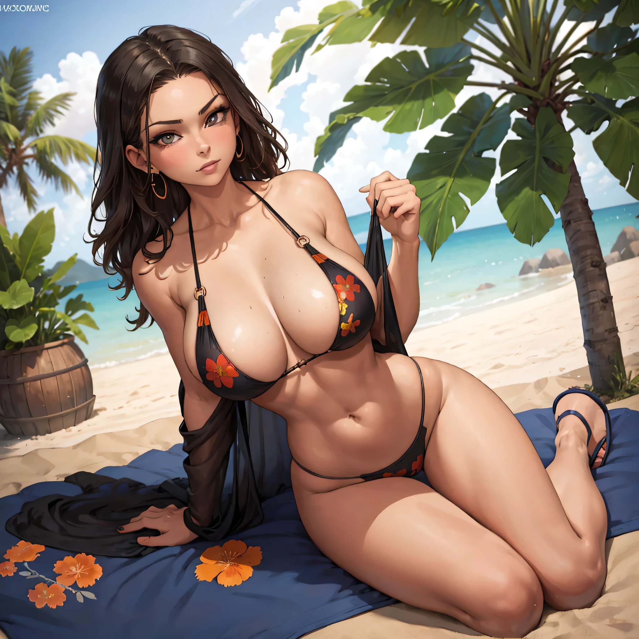 masterpiece, best quality, a beautiful sexy woman wearing a sexy black and orange floral print one-piece swimsuit leaning against the palm tree, 1girl, full body, solo, swimsuit, sandals, breasts, jewelry, earrings, one-piece swimsuit, thong, open stomach, cleavage, 