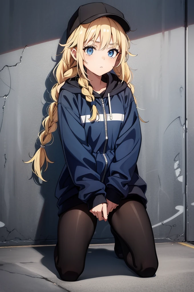 a female sitting with hands resting on her knees leaning against a corner, 1girl, solo, blonde hair, blue eyes, boots, baseball cap, sitting, hat, braid, crossed arms, looking at viewer, twin braids, jacket, cross-laced footwear, black headwear, long hair, hood, black footwear