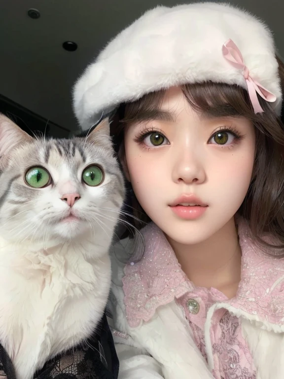 there is a woman and a cat that are posing for a picture, very beautiful cute catgirl, ulzzang, attractive cat girl, lalisa manobal, beautiful young catgirl, with big eyes, cute round slanted eyes, with cute doting eyes, cute round green slanted eyes, with gorgeous detailed eyes, wan adorable korean face