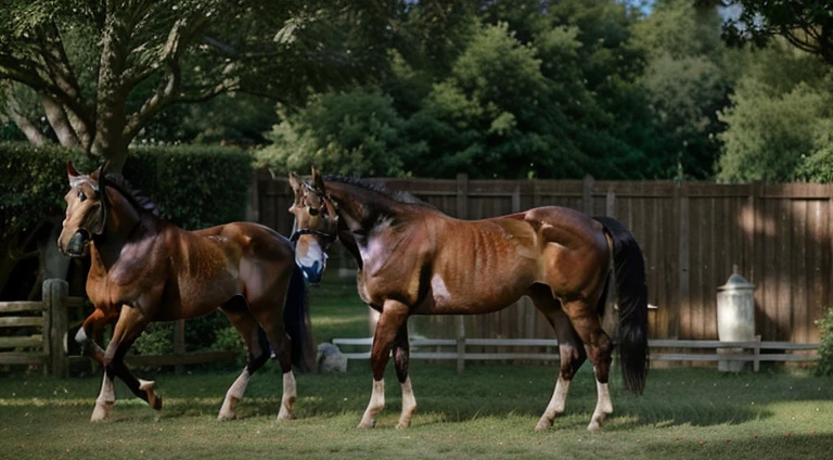 Horses grazing in the tranquil countryside, lush green grass beneath their hooves, Sunlight filtering through the trees, casting dappled shadows on their glistening coats, Strong and sturdy builds, muscles rippling as they move, Ears pricked forward, alert and curious, Tails swishing back and forth, adding to the idyllic scene, Golden hours, warm sunlight, soft focus, large depth of field, Detailed facial features and textured coats, Shimmering manes and tails, Realistic rendering of each horse's unique characteristics, Authentic light and shadow effects, Depth of emotion conveyed through their expressive eyes, Captured in stunning high