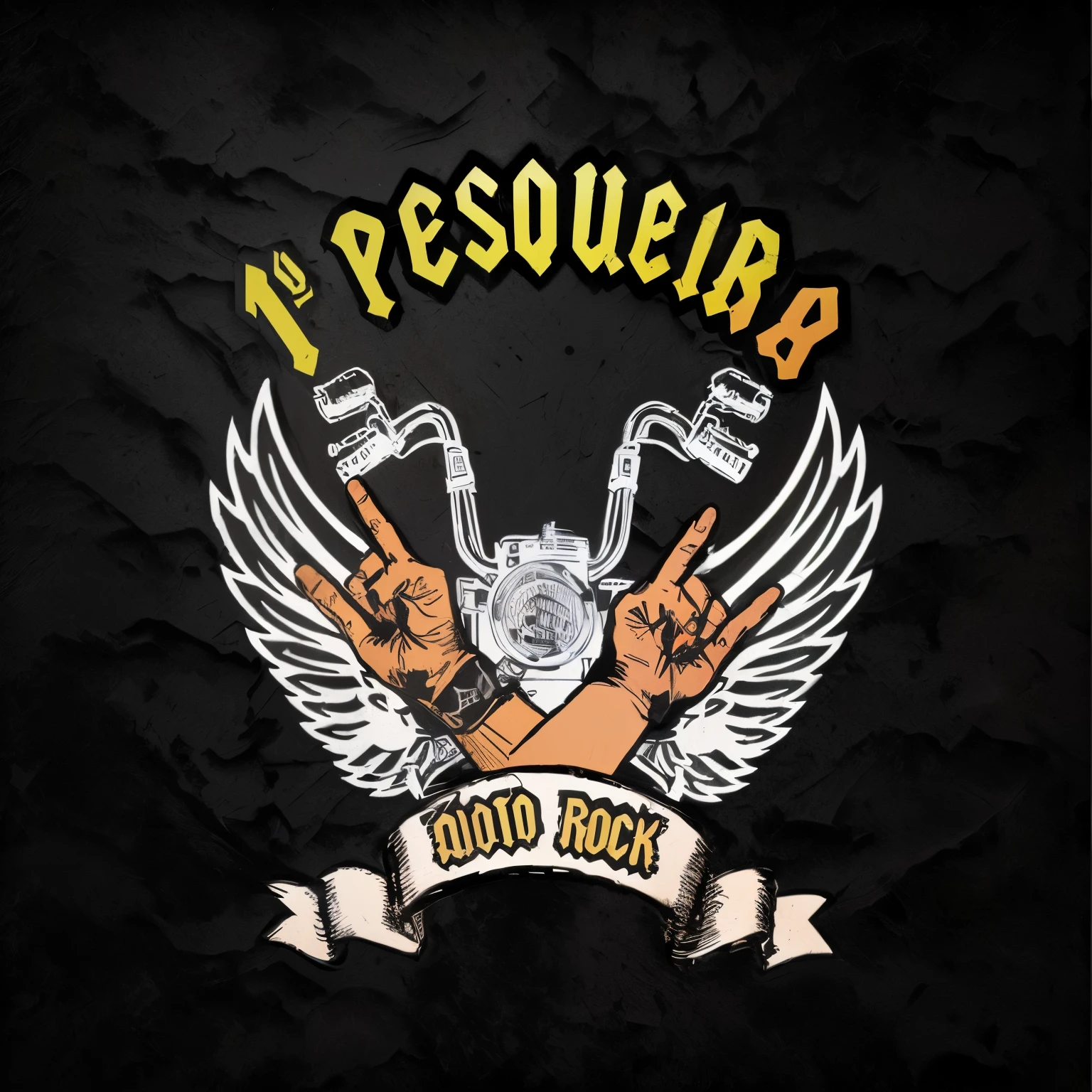 Logotipo com uma moto vintage, onde tem ass na sua lateral, and two hands in front making the rock symbol