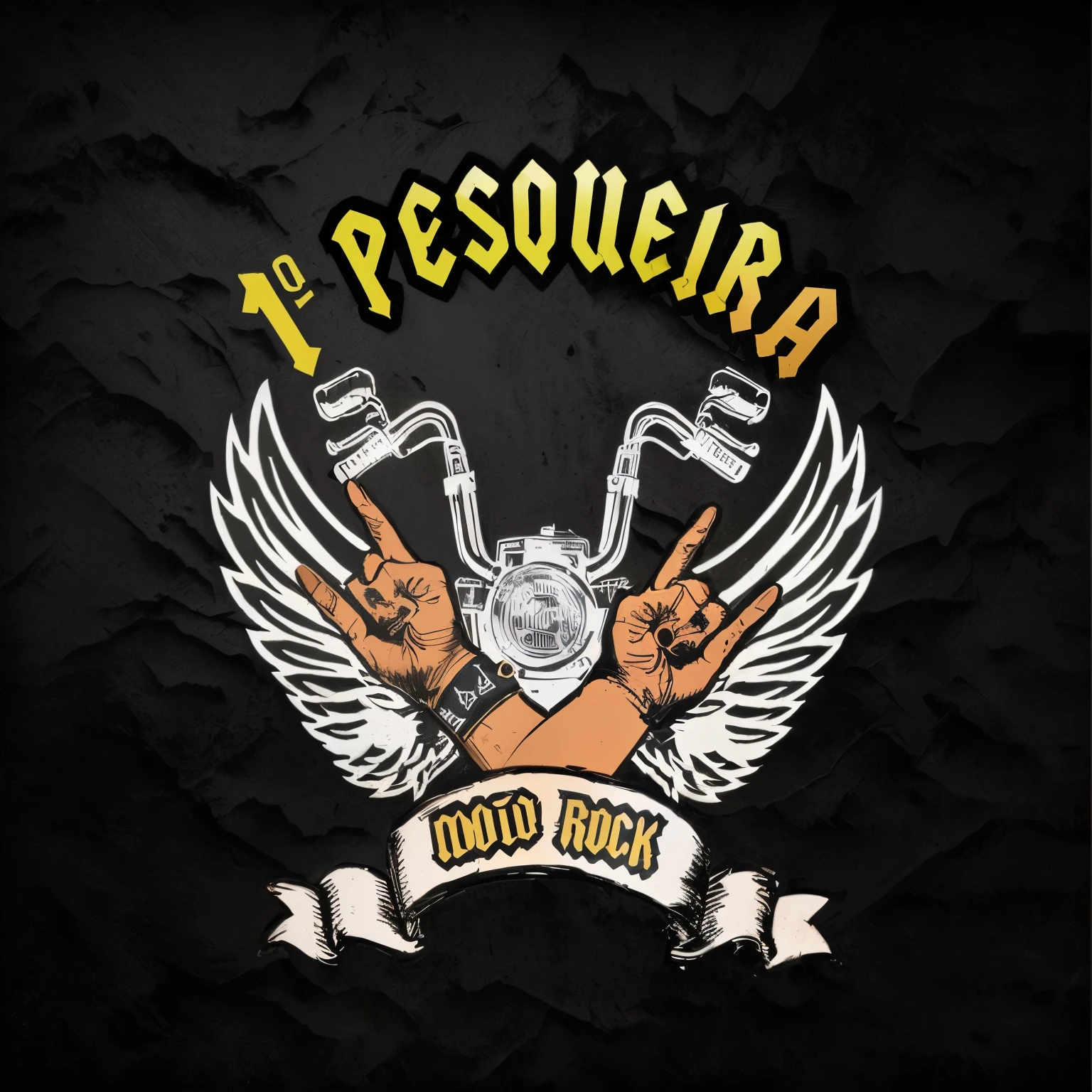 Logotipo com uma moto vintage, onde tem ass na sua lateral, and two hands in front making the rock symbol