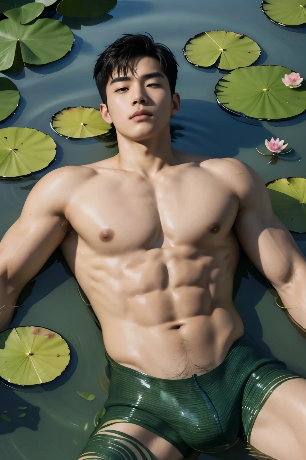 asian painting, loose watercolor painting, In close-up, a young man lies on his back in a lake with water lilies, we see his ????? and ????, we see him frontally on top, water snakes