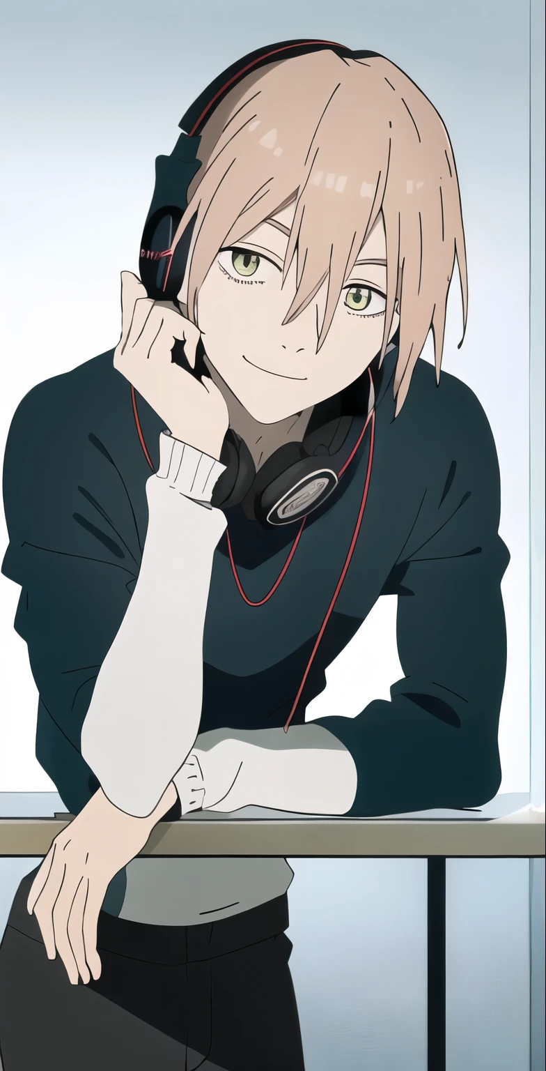 Haa, boy, alone, portrait, looking at the viewer, Tooth smile, Long sleeves and trash written on them, but slightly loose pants, (Headphones around the neck), perfect quality, good quality, masterpiece, HDR, UHD