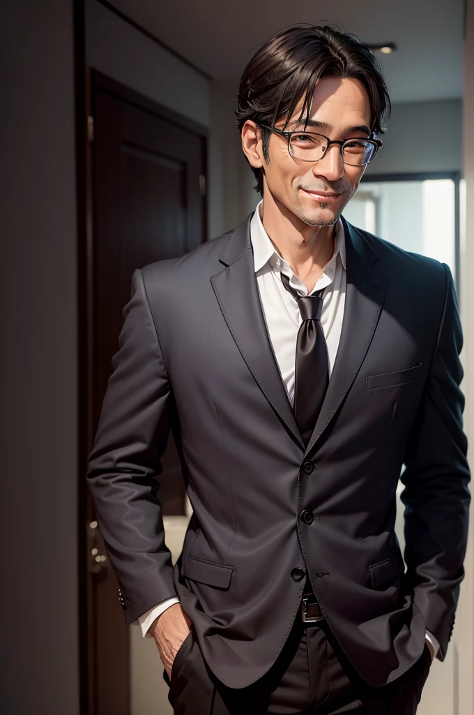 Adult male, 45 years old, dark brown eyes, with glasses, thin, no muscles, black hair, profile、smiling、Friendly face、realistic pictures、(((no background、pure white background)))、suit