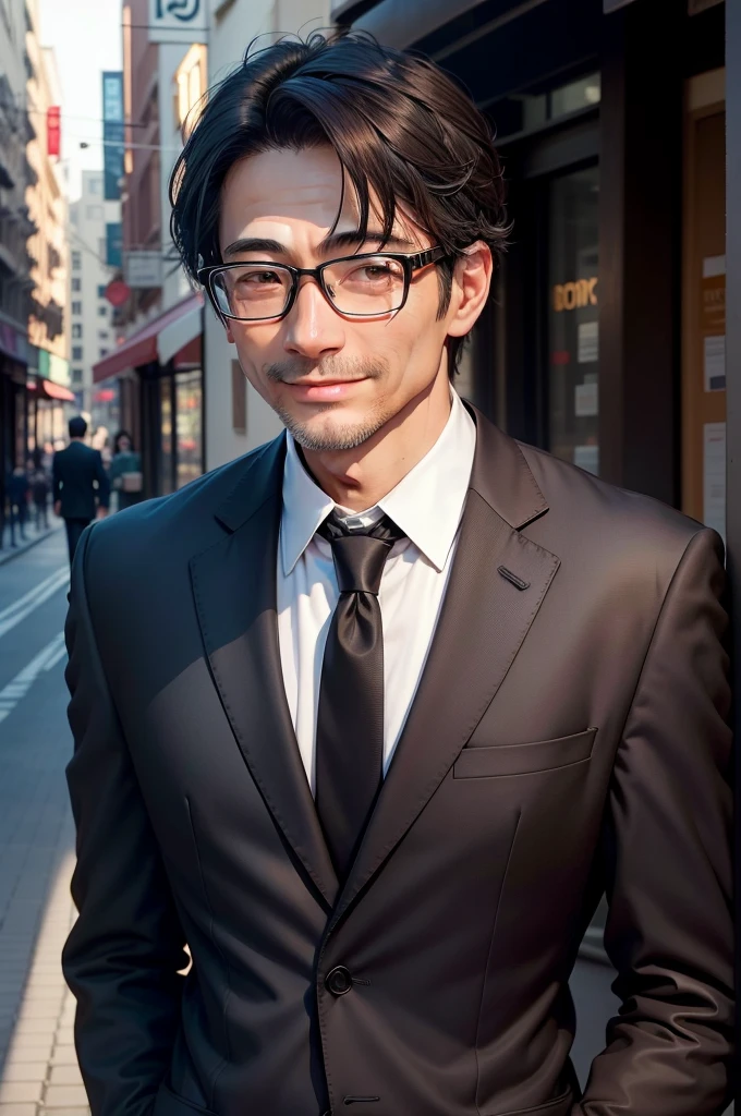 Adult male, 45 years old, dark brown eyes, with glasses, thin, no muscles, black hair, profile、smiling、Friendly face、realistic pictures、（（（no background、pure white background）））、suit
