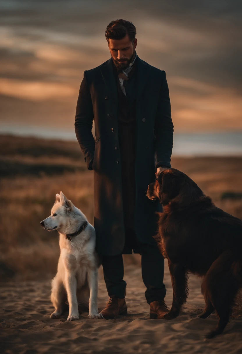 Stunning man, big , nsfw, bare , erect  , standing pose, petting a dog