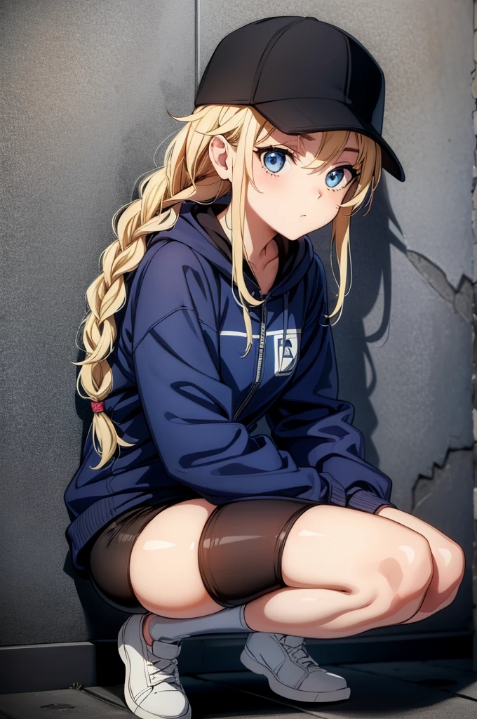 (((grayscale)))(masterpiece:1.2, best quality), (graffiti wall:1.15), 1lady, beanie, jacket, Leggings, blue eyes, fullbody,Eiko Tsukimi, blue eyes, braid, twin braid, blonde hair,baseball cap,Eiko Tsukimi, blue eyes, braid, twin braids, blonde hair, semi long hair,more_details:-1, more_details:0, more_details:0.5, more_details:1, more_details:1.5