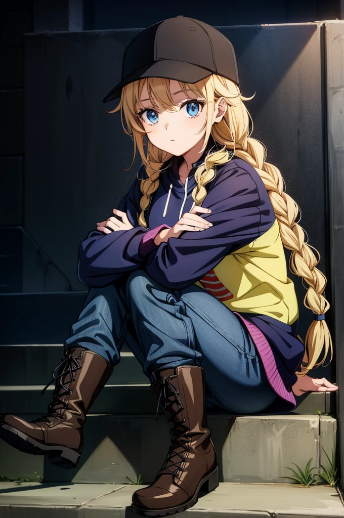 an anime drawing of a girl sitting on stairs with her hat on her head, 1girl, solo, blue eyes, hat, sitting, twin braids, braid, baseball cap, looking at viewer, striped, vertical stripes, blonde hair, boots, long hair, jacket, crossed arms, black footwear, pants