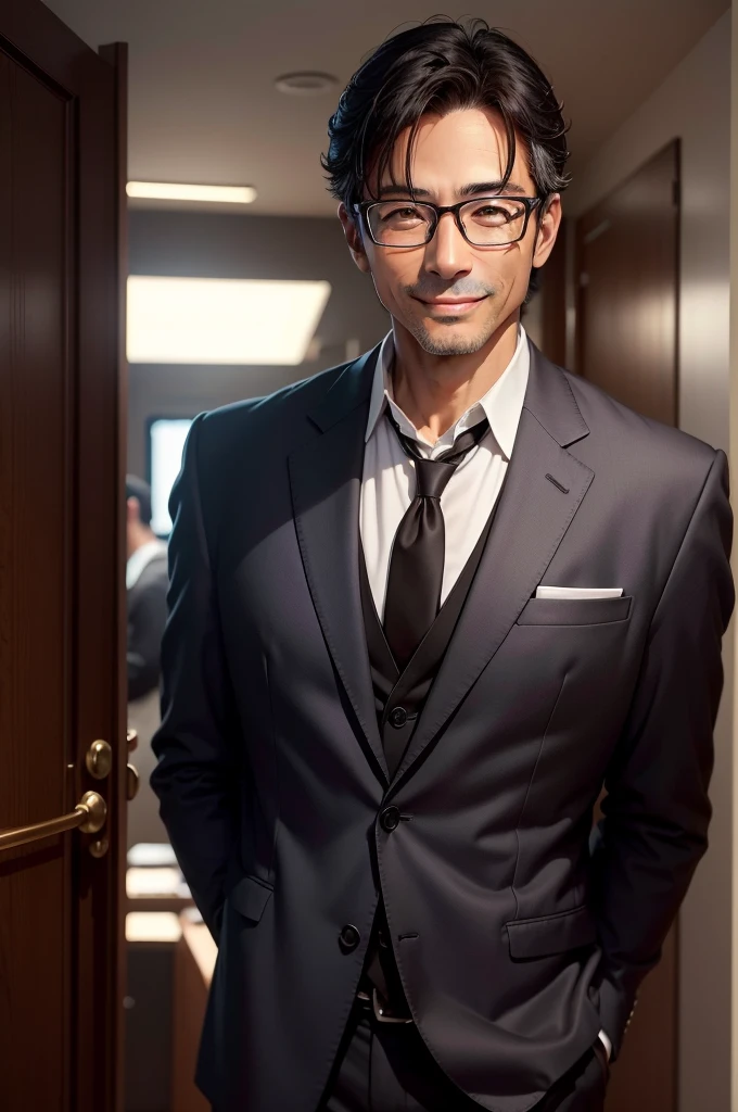 Adult male, 45 years old, good looking、dark brown eyes, with glasses, thin, no muscles, black hair, profile、smiling、Friendly face、realistic pictures、(((no background、pure white background)))、suit
