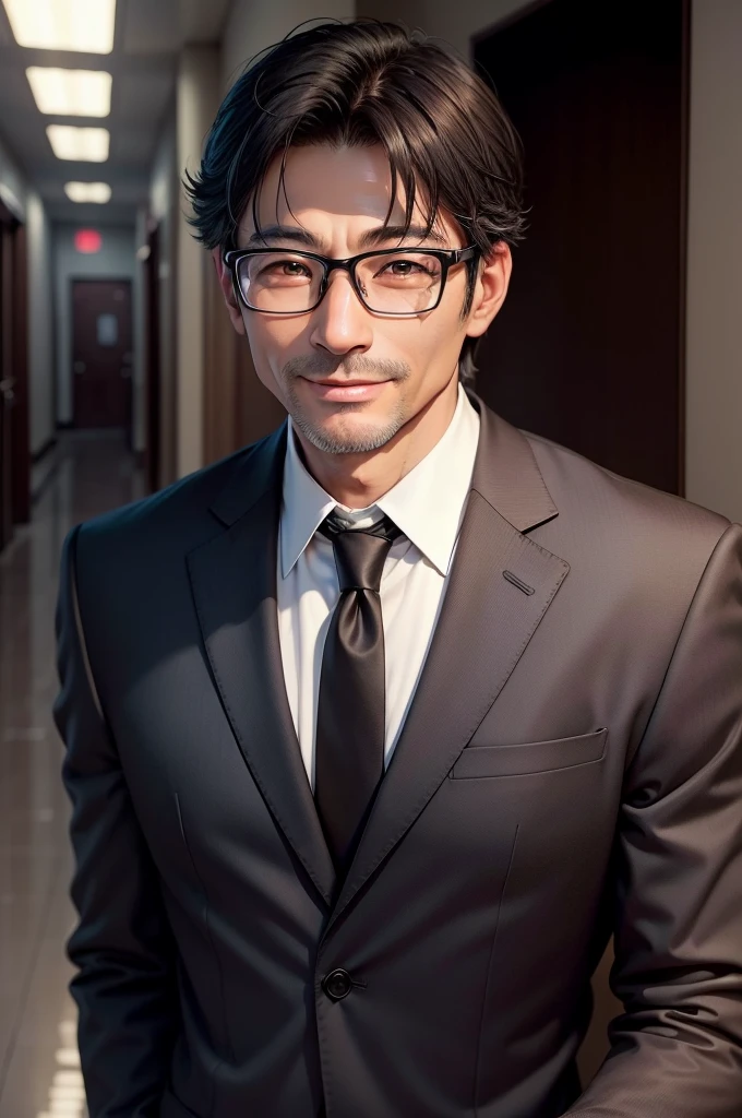Adult male, 45 years old, good looking、dark brown eyes, with glasses, thin, no muscles, black hair, profile、smiling、Friendly face、realistic pictures、（（（no background、pure white background）））、suit

