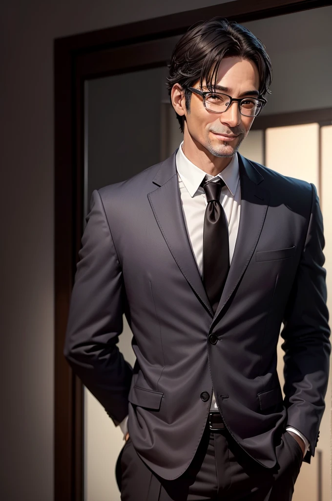 Adult male, 45 years old, good looking、dark brown eyes, with glasses, thin, no muscles, black hair, profile、smiling、Friendly face、realistic pictures、(((no background、pure white background)))、suit