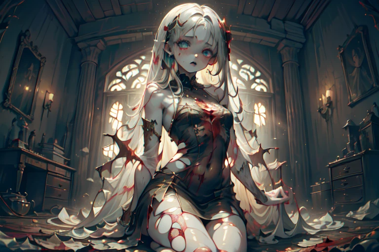 ghost girl, 1girl, (Translucent pale skin:1.4), No humans, dress, Beautiful eyes with fine symmetry, (torn:1.4), tears of blood, (Intricate details:1.4), (Highly detailed face and eyes:1.2), slim figure, Definition and sharpness of textures, posing sitting for a photo, blood, gore, horror, rotten flesh, Sinister, castle, anime, fantasy, detailed background, 2D, (Highly detailed), (high resolution), (Best quality), (masterpiece)
