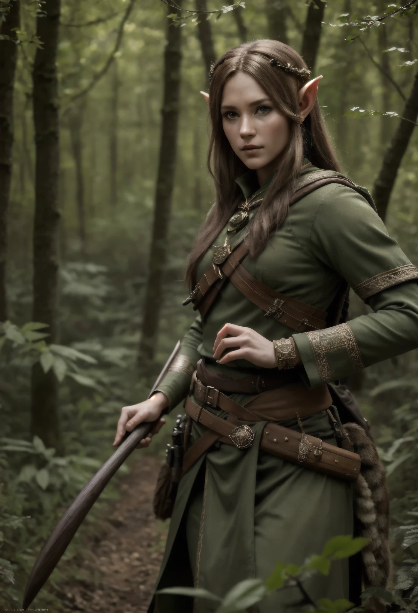 best quality, 4k, masterpiece, extremely detailed, High Detail, beautiful wood elf ranger scouting through the woods