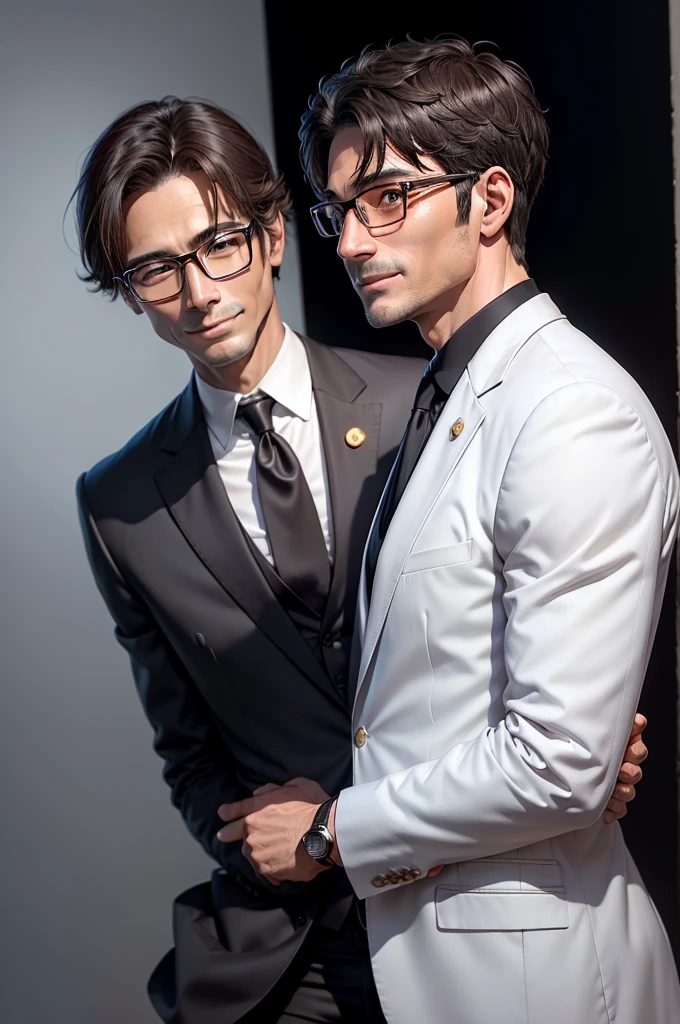 Adult male, 45 years old, good looking、dark brown eyes, with glasses, thin, no muscles, black hair, profile、smiling、Friendly face、realistic pictures、(no background、pure white background:1.5)、suit