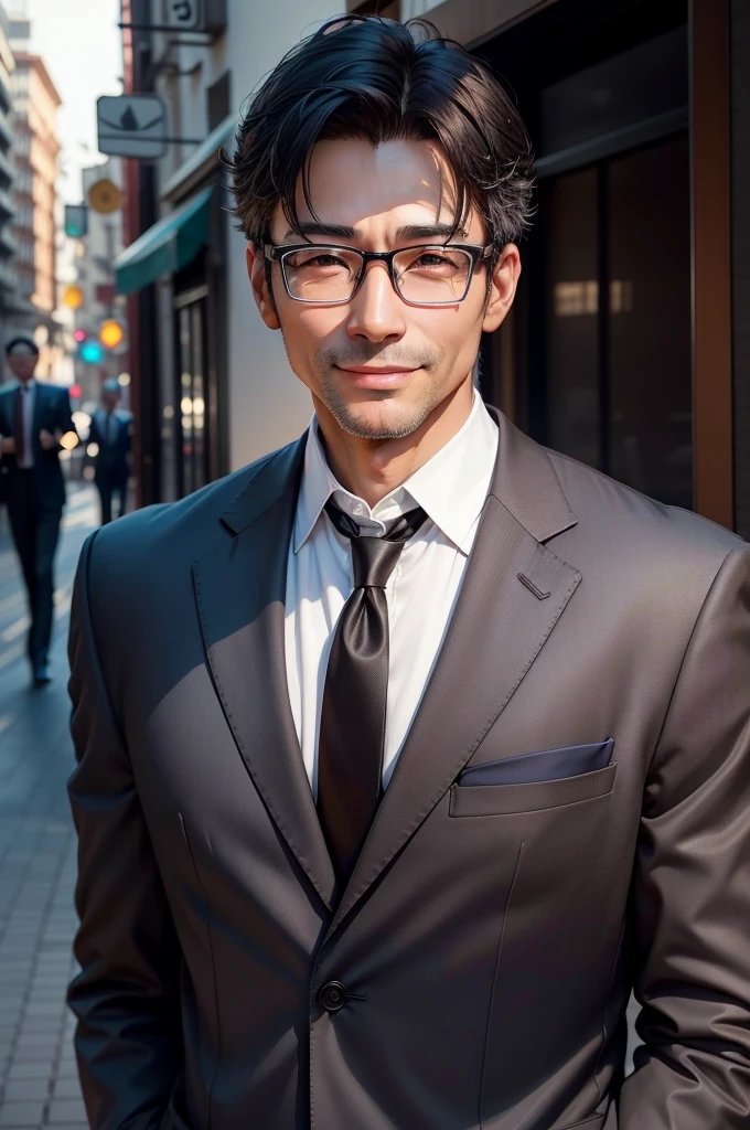 Adult male, 45 years old, good looking、dark brown eyes, with glasses, thin, no muscles, black hair, profile、smiling、Friendly face、realistic pictures、(no background、pure white background:1.5)、suit