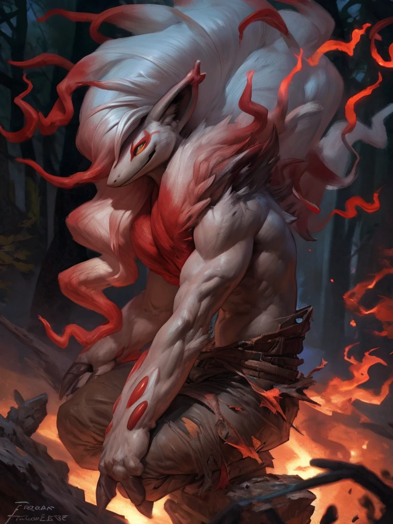 ((Solo)), thin, male, hisuian zoroark, male, side view, dark ambience, by taran fiddler, by darkgem, looking at viewer, torn clothes, japanese robes, spirit flames, (pecs, abs:0.4), shadowy forest, japanese