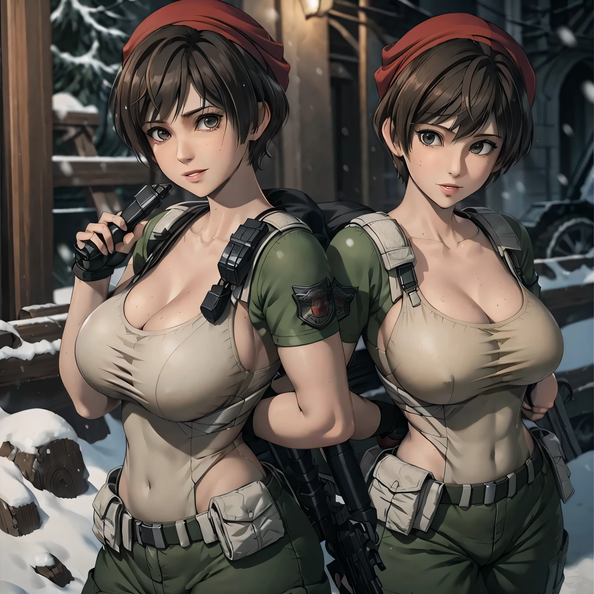 Rebecca chambers attractive huge breasts thick lips tight military outfit wearing red bandana on head in city night snowing holding medkit