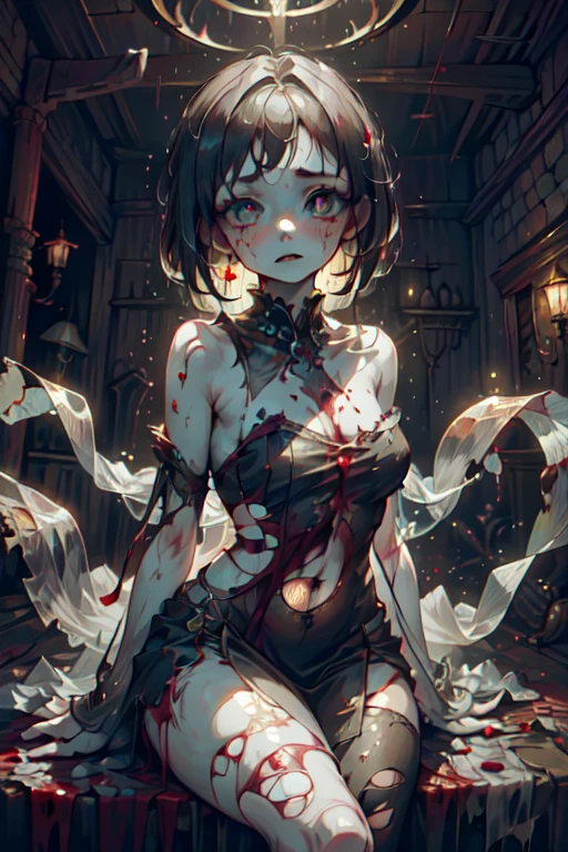 ghost girl, 1girl, (Translucent pale skin:1.4), No humans, dress, Beautiful eyes with fine symmetry, (torn:1.4), tears of blood, (Intricate details:1.4), (Highly detailed face and eyes:1.2), slim figure, Definition and sharpness of textures, posing sitting for a photo, blood, gore, horror, rotten flesh, Sinister, castle, anime, fantasy, detailed background, 2D, (Highly detailed), (high resolution), (Best quality), (masterpiece)