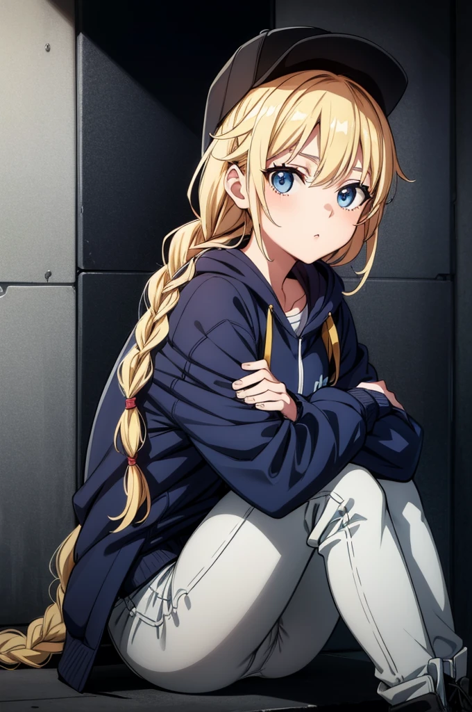 (((grayscale)))(masterpiece:1.2, best quality), (graffiti wall:1.15), a beautiful anime girl sitting up with her legs on a ledge, holding a book, 1girl, solo, blue eyes, hat, sitting, twin braids, braid, baseball cap, looking at viewer, striped, vertical stripes, blonde hair, boots, long hair, jacket, crossed arms, black footwear, pants,Eiko Tsukimi, blue eyes, braid, twin braids, blonde hair, semi long hair,more_details:-1, more_details:0, more_details:0.5, more_details:1, more_details:1.5