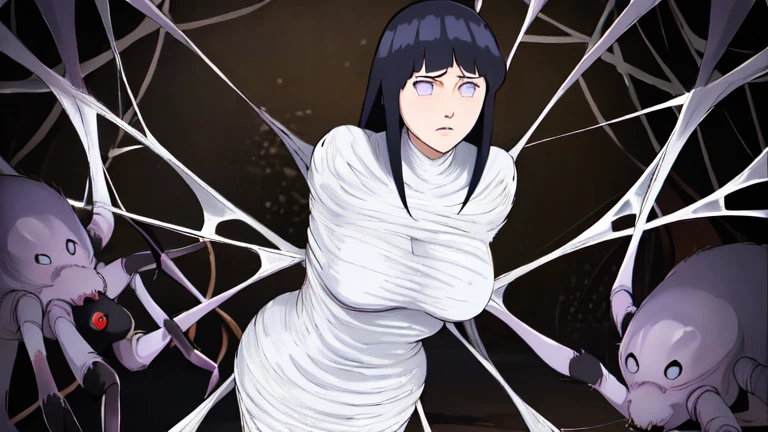 masterpiece, best quality, 1girl, solo, looking at viewer, hinata\(shippuden\), length hair, floating hair，large breasts , breasts out, hanging,spiders in the web,long spider, Hinata, desperate，struggle, entangled, embarassed face, despair,cocoon, standing 