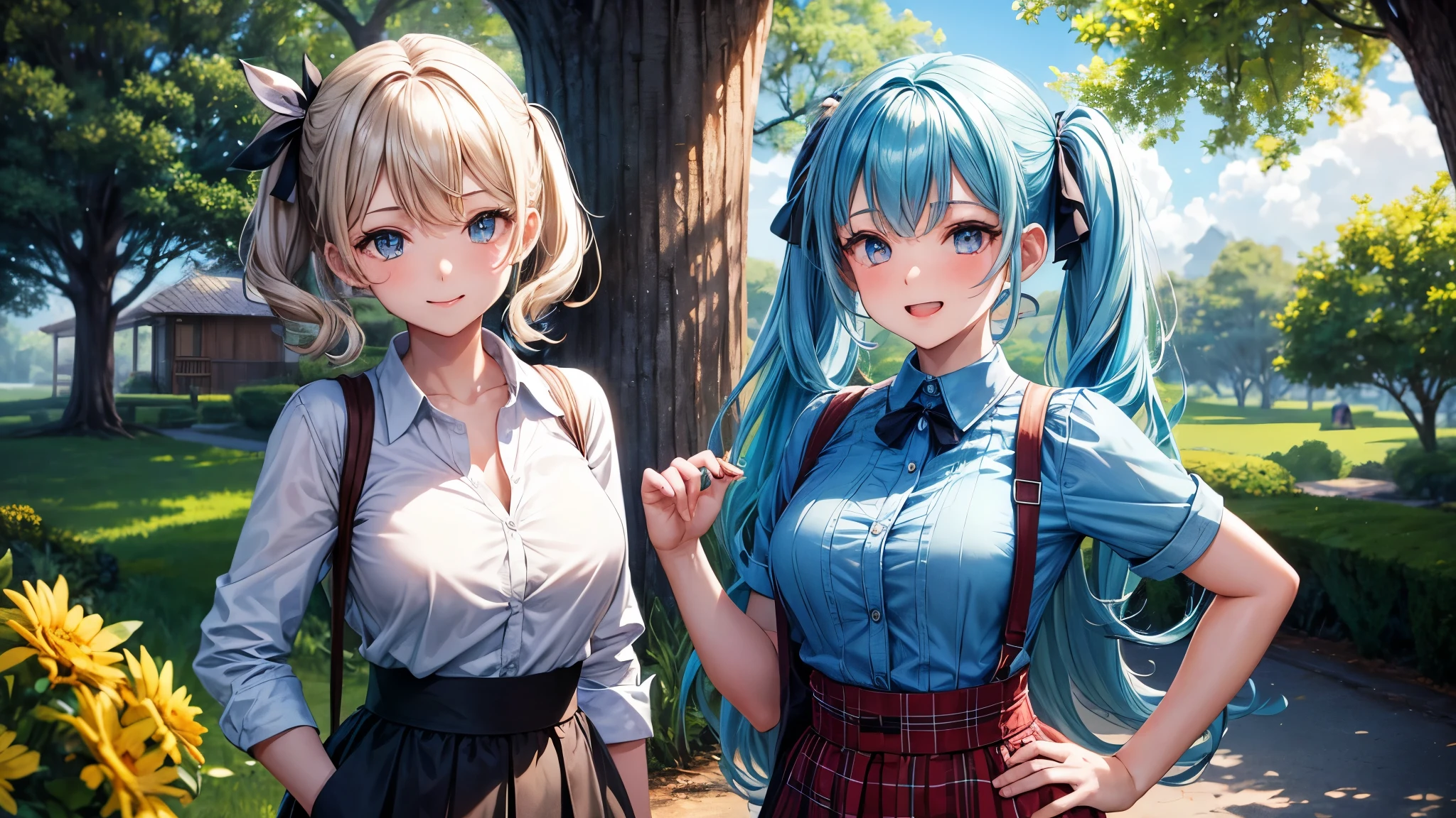2girls, summer, village, trees, sun, clouds, ((colorful hair)), twintail, large breasts, button down, blue eyes, ((blue shirt)), ((unbuttoned shirt)), unbuttoning buttons, popping buttons, ((short sleeved shirt)), black mini skirt, brown shoes, grin, standing, hair ribbon, cleavage, golden necklate, hand on hip