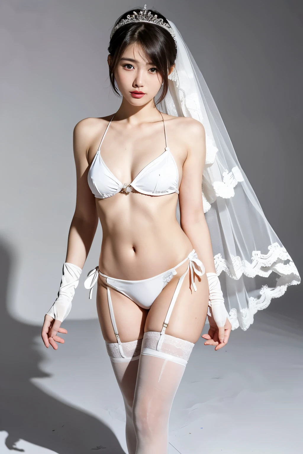 highest quality, masterpiece, ultra high resolution, Raw photo, japanese woman, 18-year-old,, short cut hairstyle, , (white bikini),(Whole body shot) ,Wedding dress with garter stockings,veil on head,Put on wedding gloves,