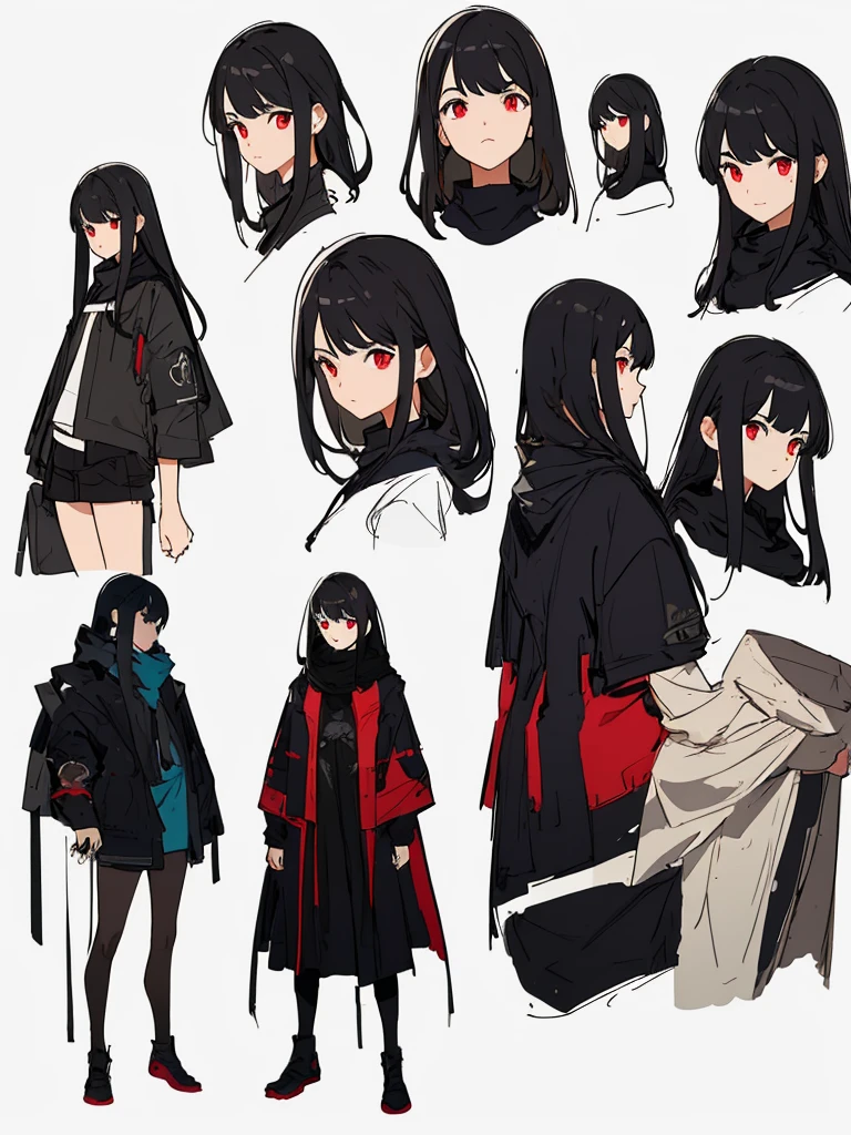 (masterpiece:1.2, highest quality),(Colored Background) (Beautiful detailed eyes: 1.2), (Highly detailed CG Unity 8K wallpaper, masterpiece, highest quality, Super detailed, best shadow), (detailed background) ,solo ,black hair,red eyes,long hair,1girl, sketch (Character design sheet, same character, full body, Three-View, front, ~ side, return), solo,background white, Setting picture