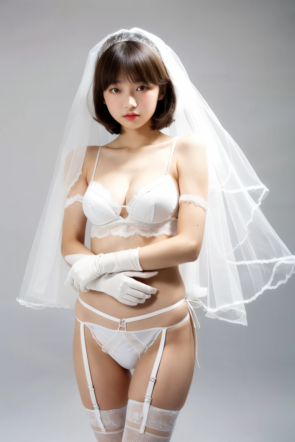 highest quality, masterpiece, ultra high resolution, Raw photo, japanese woman, 18-year-old,, short cut hairstyle, , (white bikini),(Whole body shot) ,Wedding dress with garter stockings,veil on head,Put on wedding gloves, spread your arms,