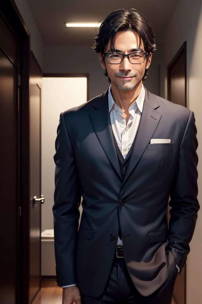 Adult male, 45 years old, good looking、dark brown eyes, with glasses, thin, no muscles, black hair, profile、smiling、Friendly face、realistic pictures、(no background、pure white background:1.8)、navy suit