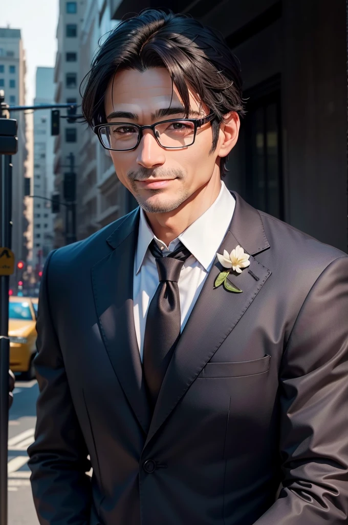 Adult male, 45 years old, good looking、dark brown eyes, with glasses, thin, no muscles, black hair, profile、smiling、Friendly face、realistic pictures、（no background、pure white background:1.8）、navy suit
