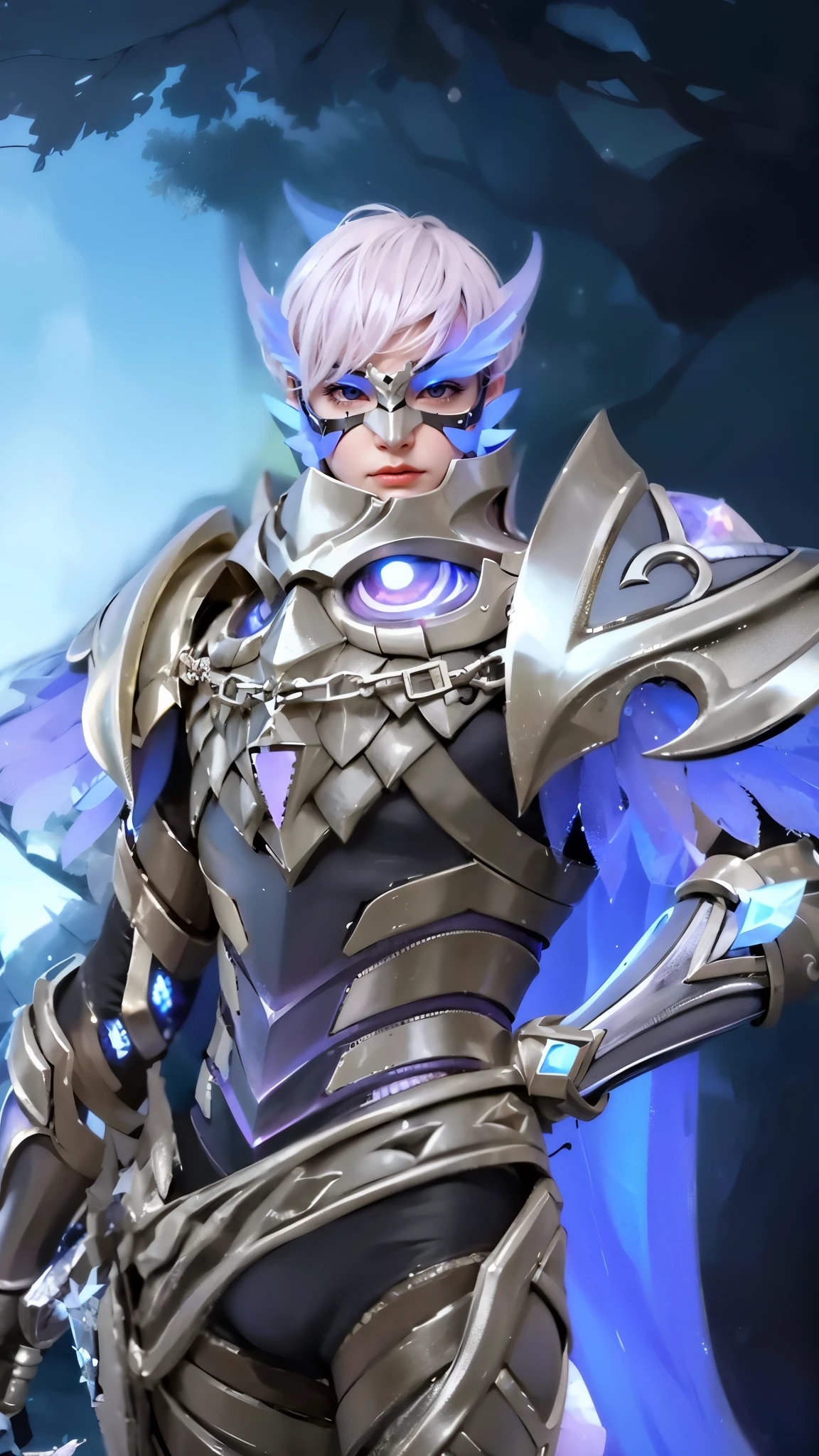 a close up of a boy in a costume with a mask, sliver ice color reflected armor, shinning armor, ice crystal armor, ice lord, grimdark paladin, wearing thunder armor, crystalline skin, wearing diamond armor, clothed in ethereal armor, ice mage, warrior platinum armor, mystical atlantean valkyrie, 8k, ultra hd, ultra detailed texture, hyper realistic, masterpiece, detailed texture, detailed face, detailed skin, detailed lighting, (photorealistic:1.5), best quality, beautiful lighting, cinematic lighting, professional lighting, ultra highres, realistic, detailed hair, real hair, high quality, (realskin:1.5), extremely detailed, finely detail, ultra-detailed