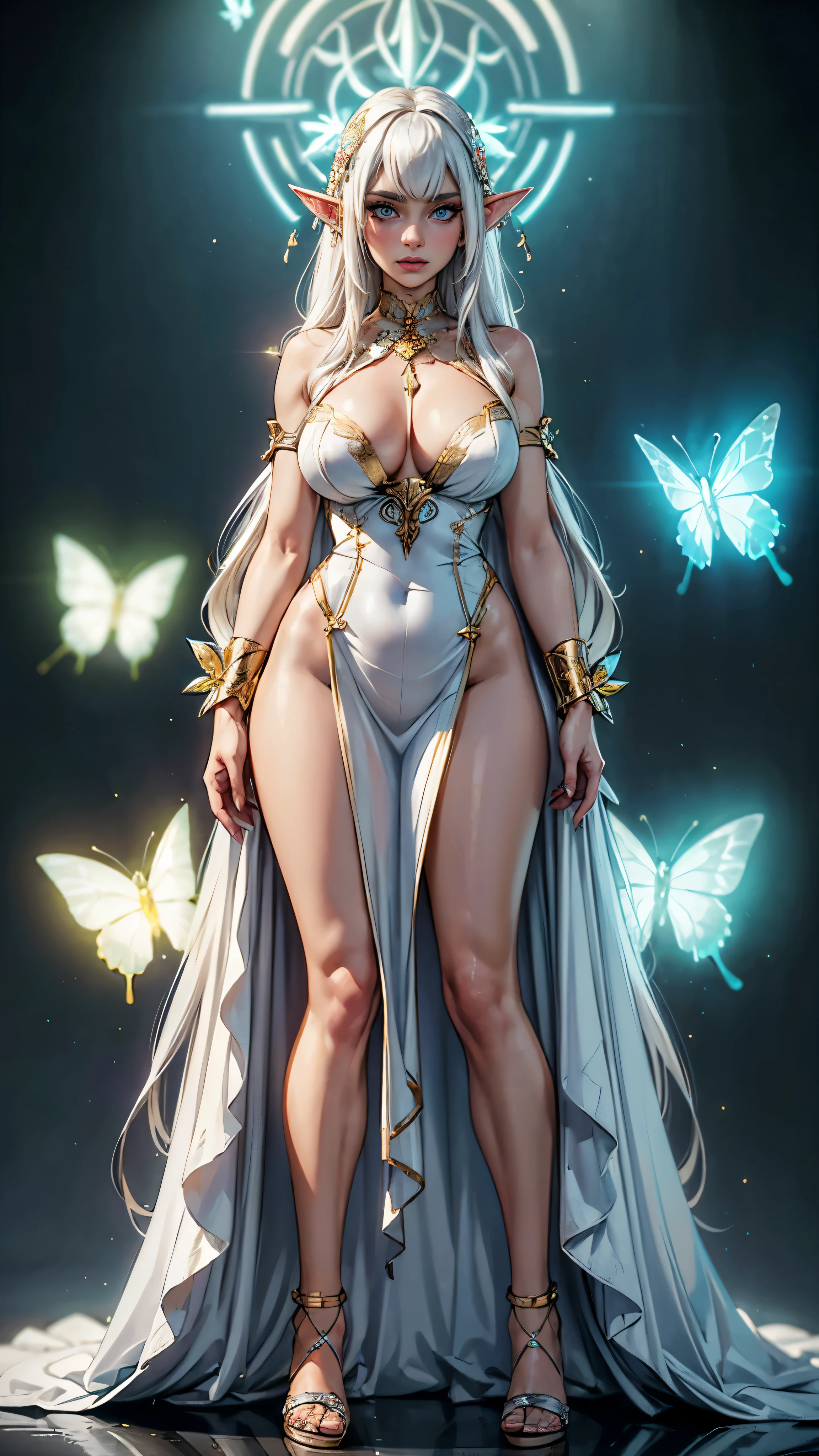 ((Best quality)), ((masterpiece)), (highly detailed:1.3),a woman white hair fringe elf dress neon gold accessories, standing shy look flushed, detailed face detailed eyes, detailed hands, butterfly, neon colors, half naked, full body