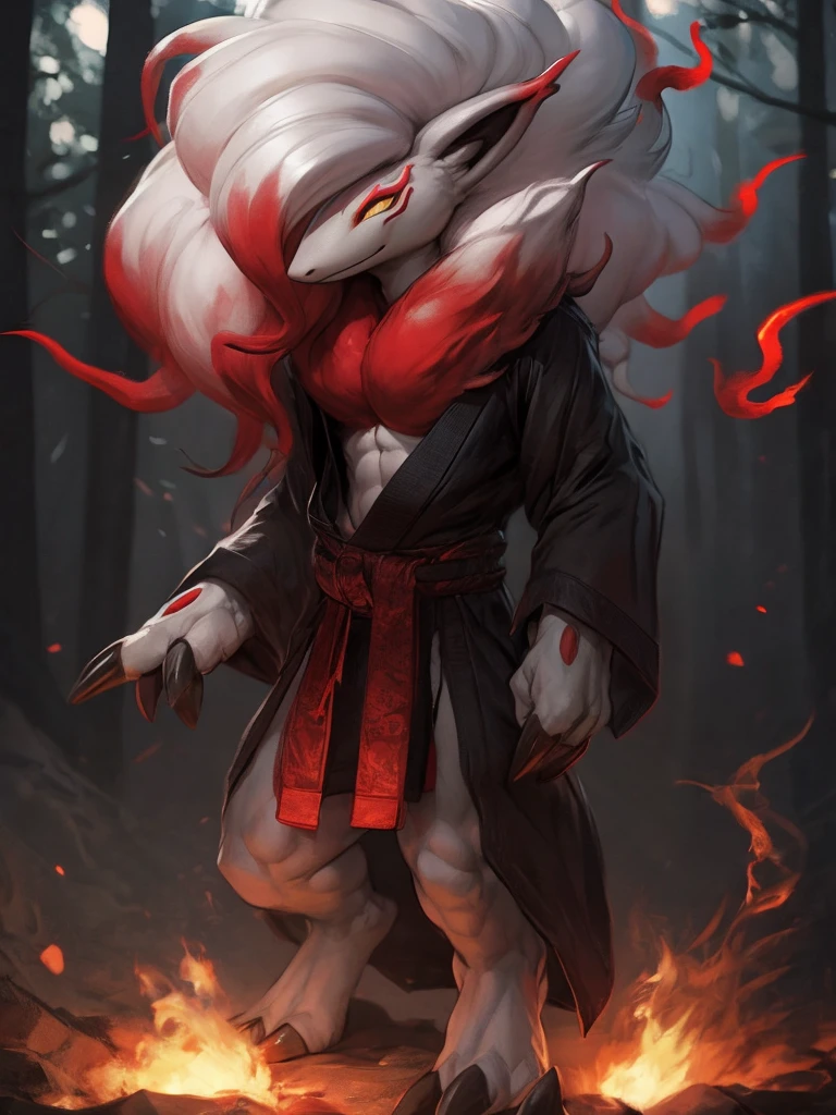 ((Solo)), thin, male, anthro, hisuian zoroark, male, dark ambience, by darkgem, looking at viewer, torn clothes, japanese robes, spirit flames, (pecs, abs:0.4), shadowy forest, japanese, 