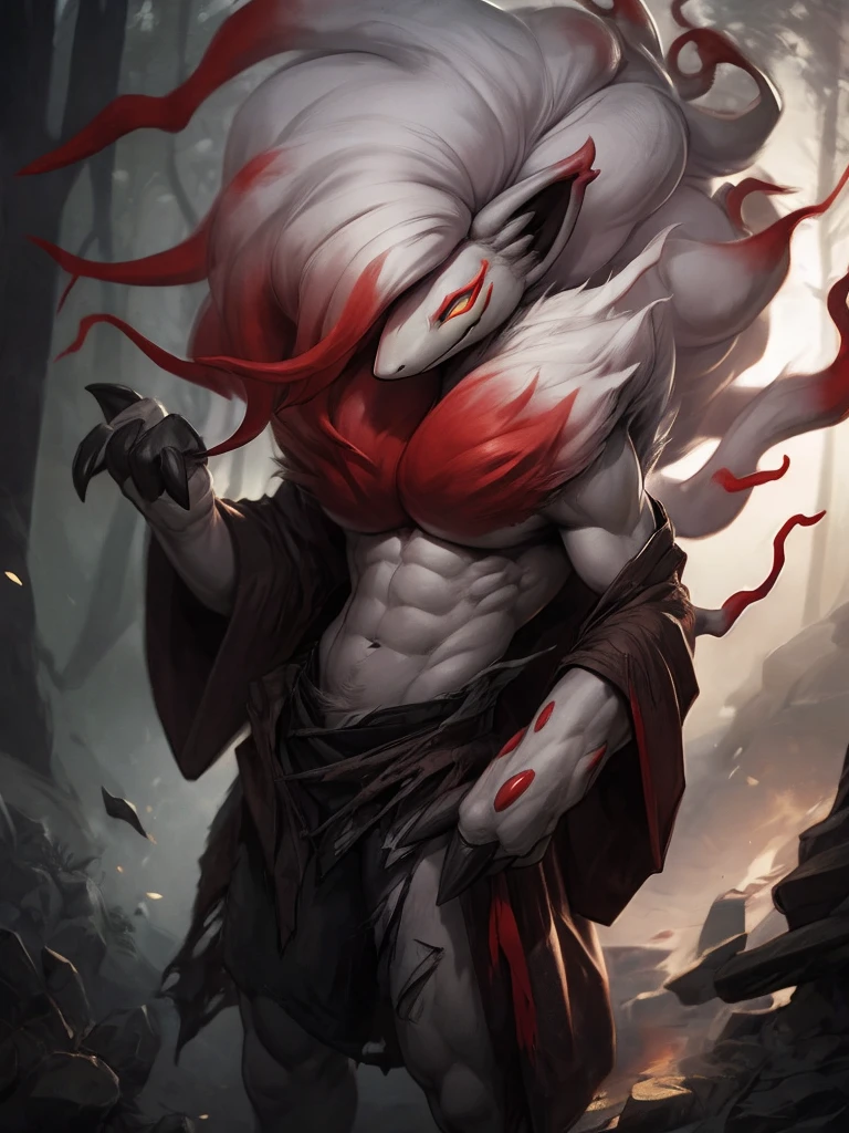 ((Solo)), thin, male, anthro, hisuian zoroark, male, dark ambience, by darkgem, looking at viewer, torn clothes, japanese robes, spirit flames, (pecs, abs:0.4), shadowy forest, japanese, 