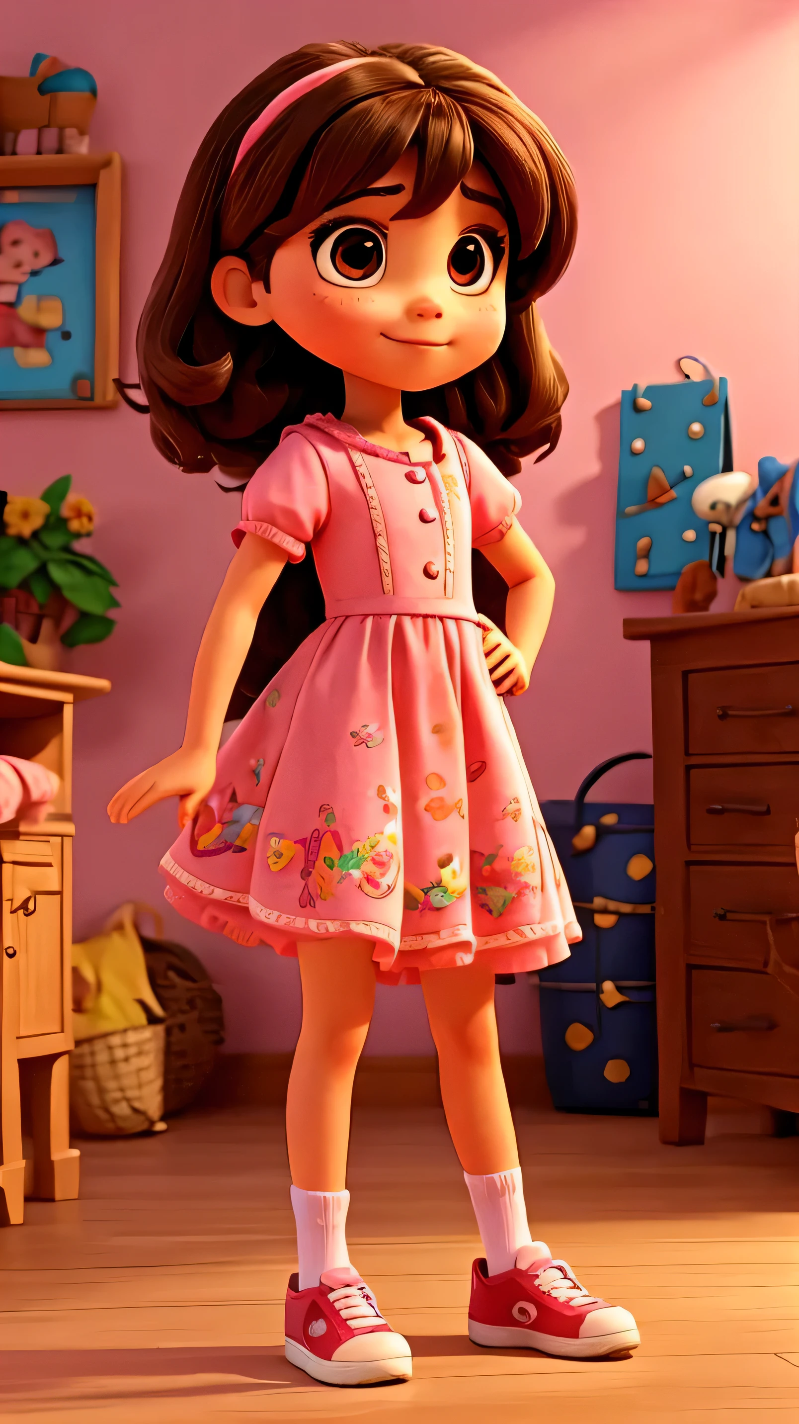 A full-body portrait of a 5-year-old Mexican girl named Sofía, in the style of Pixar 3D animation. Sofía has shoulder-length straight light brown hair and brown eyes. She is wearing a pink dress with no buttons on it and short sleeves, red sneakers, and white socks. The background is plain white, emphasizing her vibrant and detailed outfit. The image is taken from a front-facing camera angle, capturing the lively and charming character depiction with vibrant colors and detailed textures. The scene is brightly lit to enhance the cheerful mood