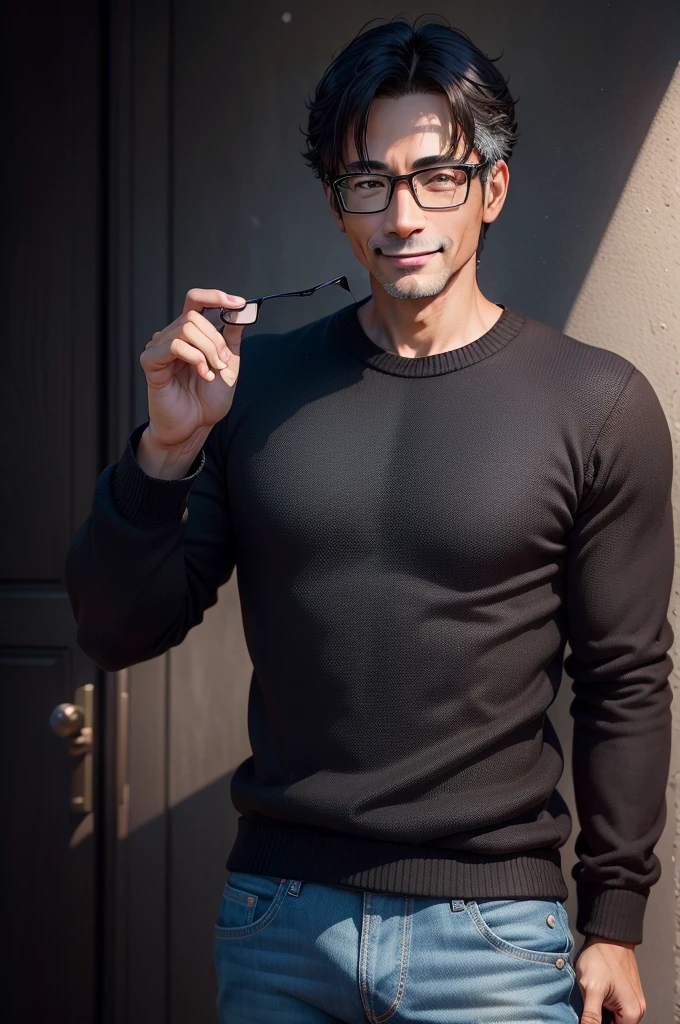 Adult male, 45 years old, good looking、dark brown eyes, with glasses, thin, no muscles, black hair, profile、smiling、Friendly face、realistic pictures、(no background、pure white background:1.8)、black sweater、jeans