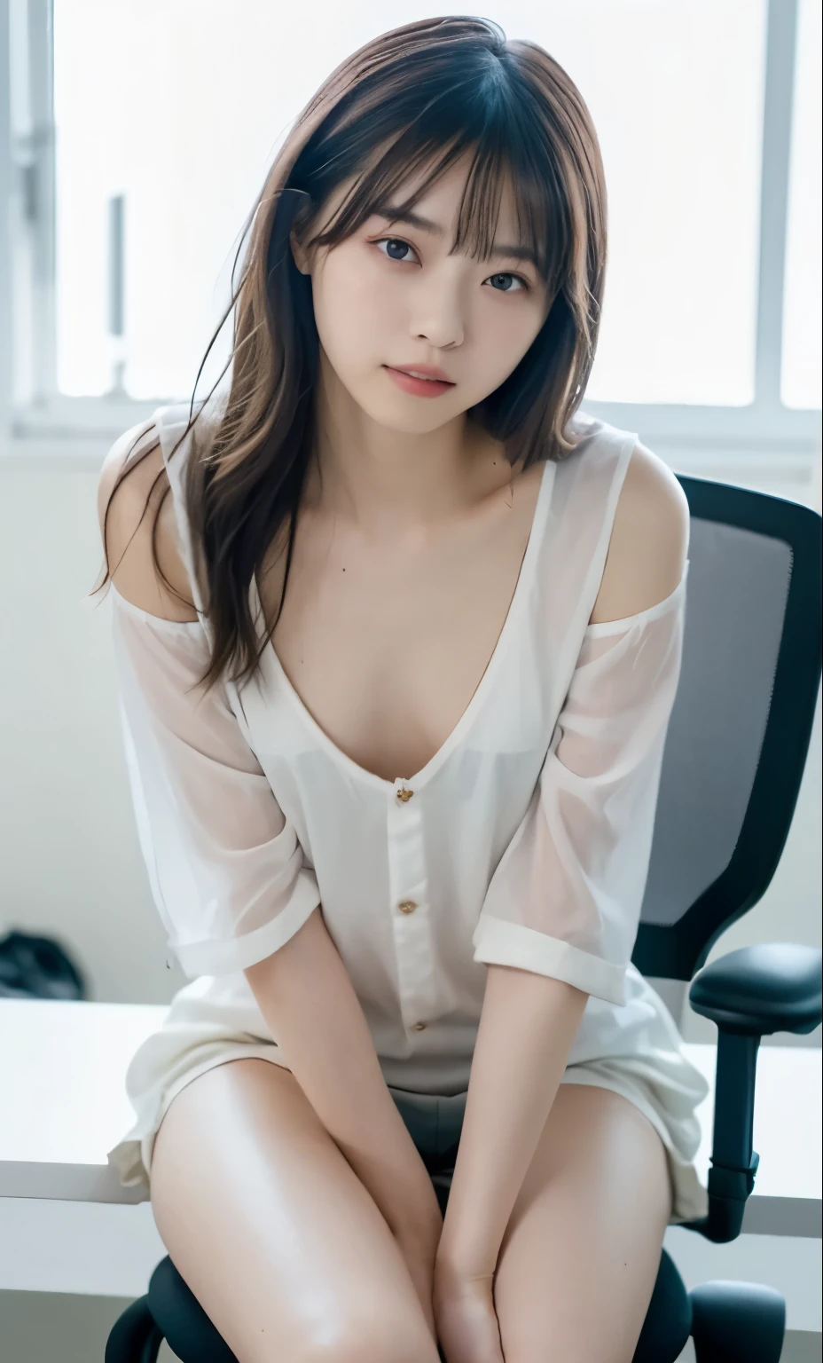 masterpiece、highest quality、16K、RAW photo、Super detailed、ultra high resolution、UHD,Depth of the bounds written、very detailed、late night office、dim、cinematic lighting、professional lighting、Pale shading、Weak contrast、Japanese、beautiful girl、Smooth, silky skin、clear white skin、sitting in front of the computer、(White micro bikini with light blue floral print)、(smooth and beautiful thighs:1.6)、(small breast:1.0)、flat chest、Childlike breasts、small areola、small nipples、beautiful nipples、Cherry-colored nipples、white breast、fine and beautiful eyes、(hanging eyes)、long eyelashes、Clear double eyelids、tear bag、(thin eyebrows:1.0)、(thin lips:1.0)、natural makeup、natural color lip、A smile that makes people happy、(floating hair、messy hair、long wavy hair、high ponytail),(The bangs are see-through)、office chair、Photo from head to thighs