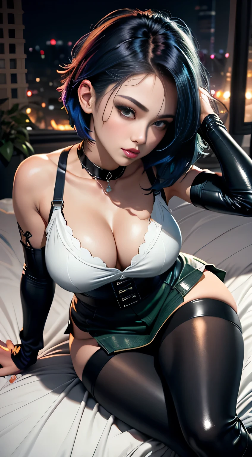 sfw, ((lying on bed top view)), cute girl, Short dark green hair, beautiful, collar, Dark green hair,beautiful girl, full body, short bright blue dishevelled hair, black eyeshadow, (street style wear:1.2), ((tight fitted short skirt)), ((knee high leather boots)), (city night background:1.2), dark makeup, digital art, trending on artstation, highly detailed, fine detail, intricate, beautiful detailed glow, detailed, Cinematic light, high-res, detailed facial features, sharp focus, smooth, aesthetic, wearing bra,((skinny waist)), young asian girl, ((big breasted)),