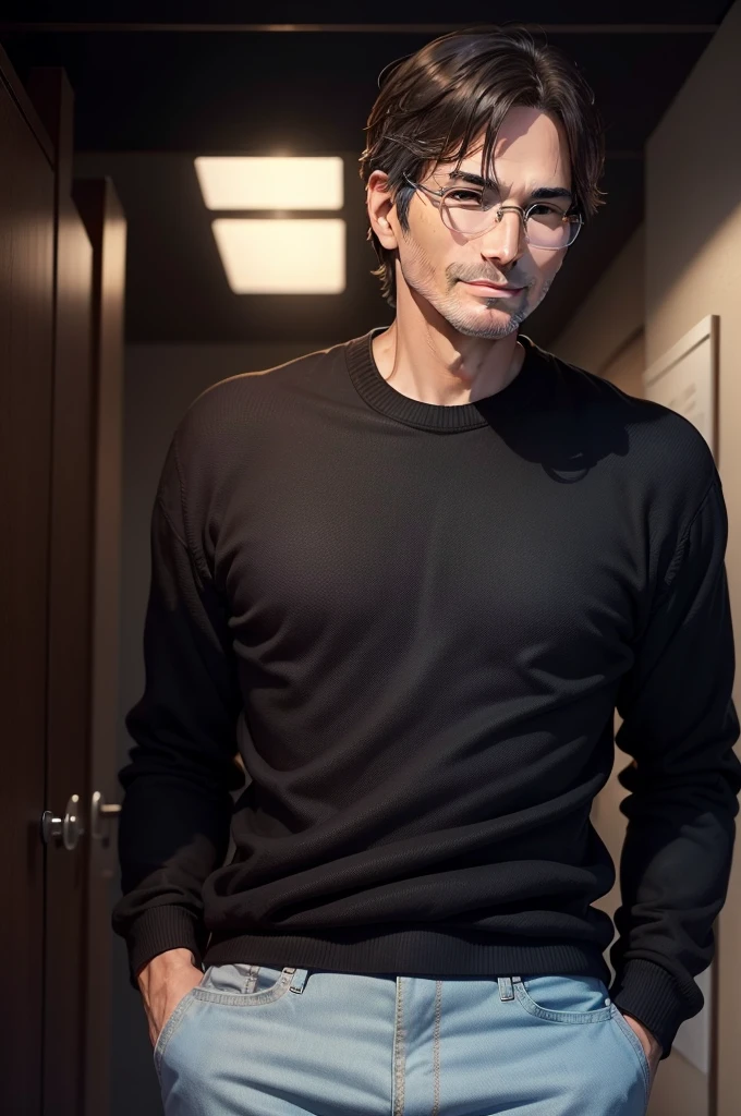 Adult male, 45 years old, good looking、dark brown eyes, with glasses, thin, no muscles, black hair, Two Block、Steve jobs、profile、smiling、Friendly face、realistic pictures、(no background、pure white background:1.8)、black sweater、jeans