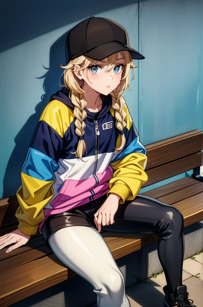 a man in a baseball cap sits on a bench with graffiti on the wall, 1girl, solo, blue eyes, blonde hair, black headwear, hat, twin braids, jacket, braid, baseball cap, sitting, black footwear, long hair, leggings, looking at viewer, multicolored jacket, off shoulder, white jacket