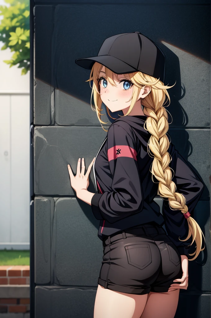 an anime character, wearing a black hat and a baseball uniform, leaning against a wall, 1girl, solo, ass, hat, blonde hair, long hair, blue eyes, braid, baseball cap, shorts, black headwear, looking at viewer, smile, hood, looking back, thighs, blush, skindentation